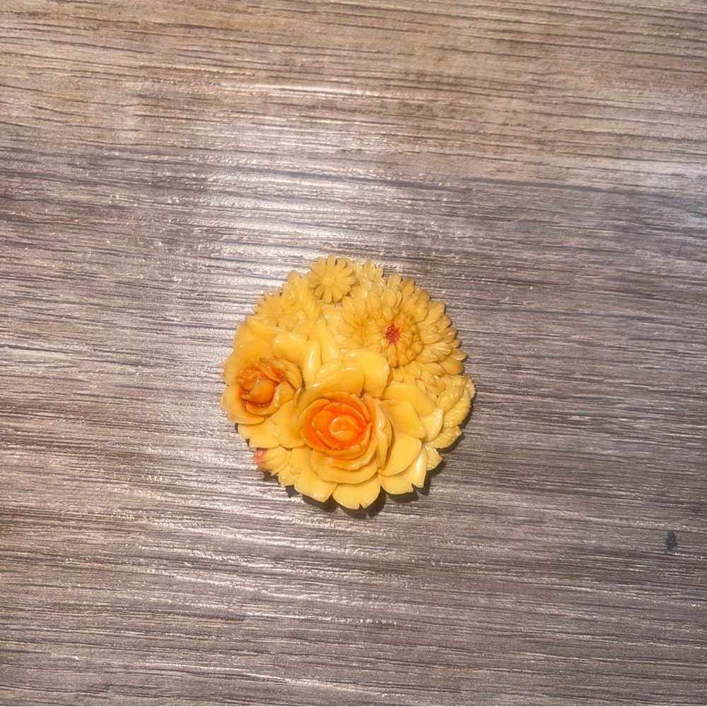 SOLD Vintage Yellow Carved Flower Brooch